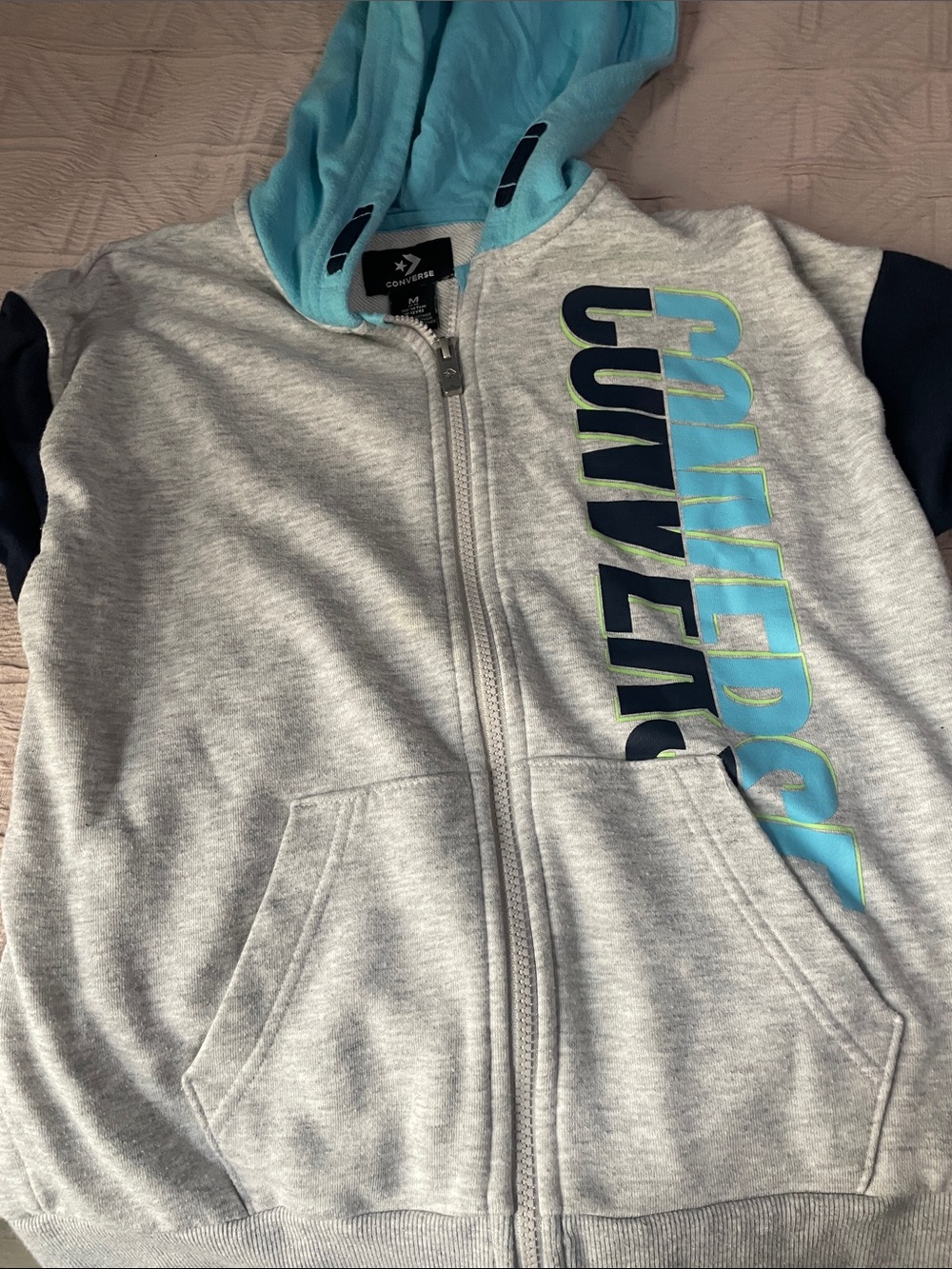Converse Light Gray & Blue Zip-Up Hoodie with Turquoise Lined Hood